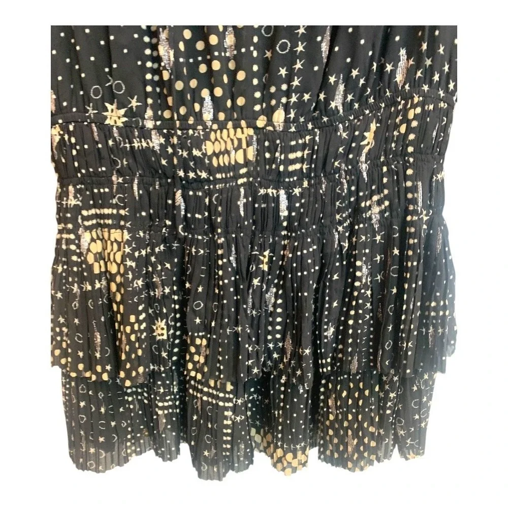 Current‎ Air Black Gold Silver Star  Smocked Metallic Mini Dress sz L